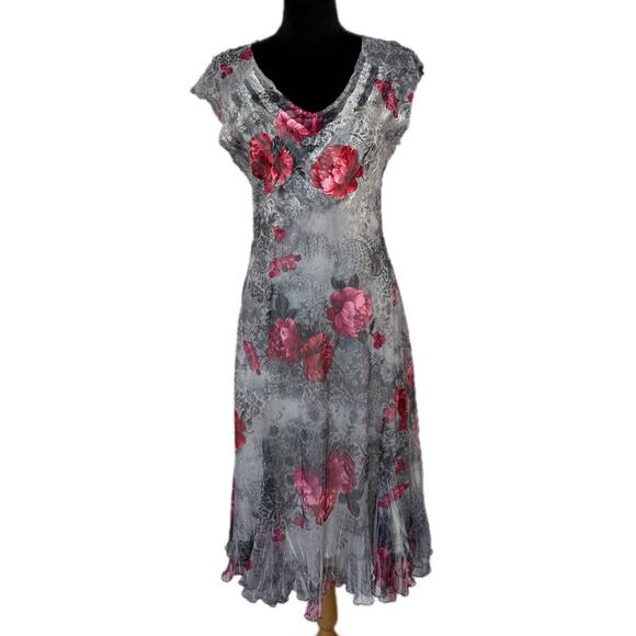 Metallic Rose Pattern Crinkle Fabric Midi Dress - Women's Size M - Picture 1 of 7